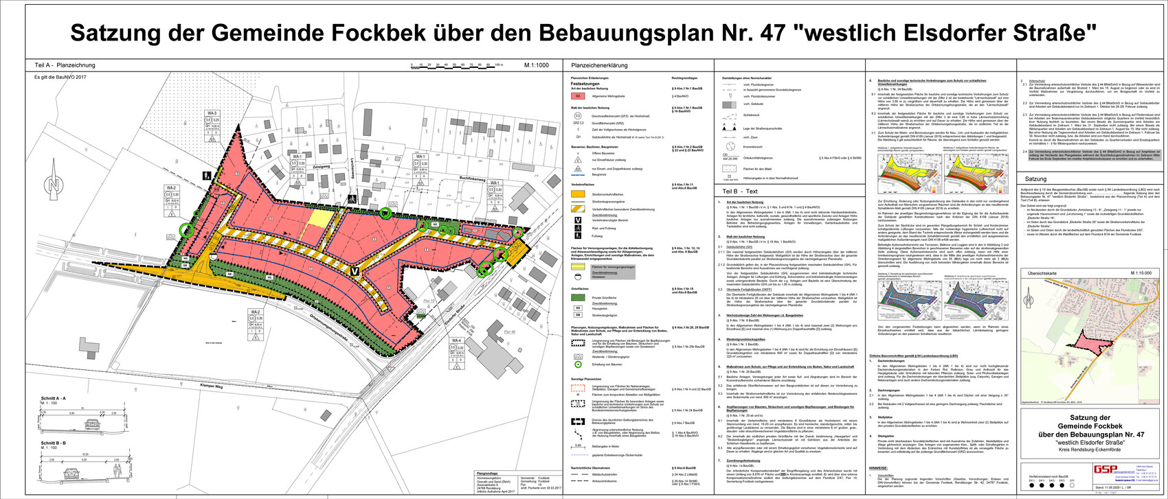 Bebauungsplan Nr. 47 westlich Elsdorfer Straße: Plan der Gemeinde Fockbek mit Farbzonen.