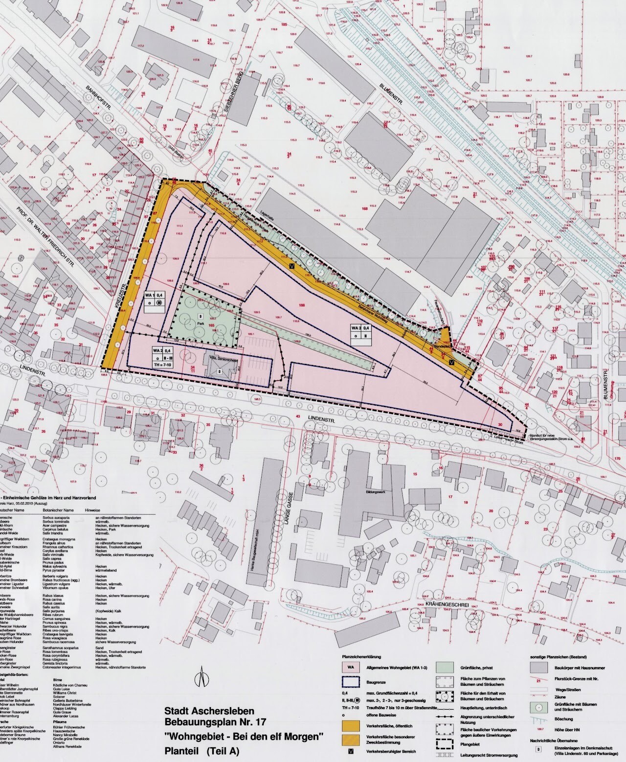 Lageplan eines Baugebiets mit Grundstücken, Straßen und Gebäuden.