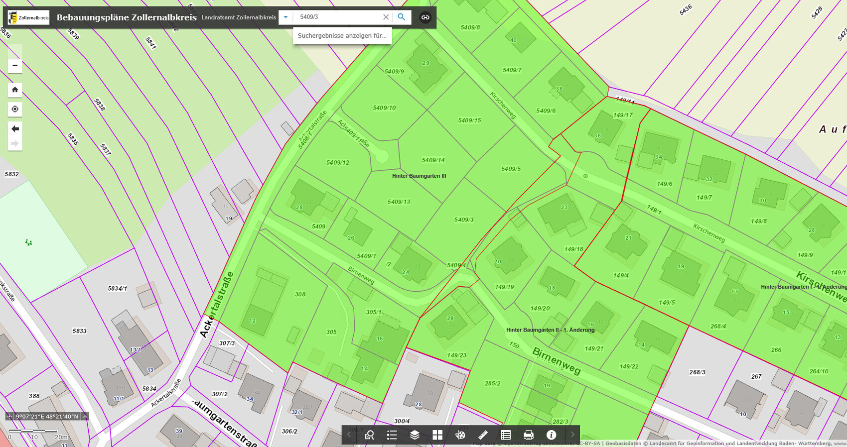 Kartenansicht eines Bebauungsplans mit Parzellengrenzen und Straßennamen im Zollernalbkreis