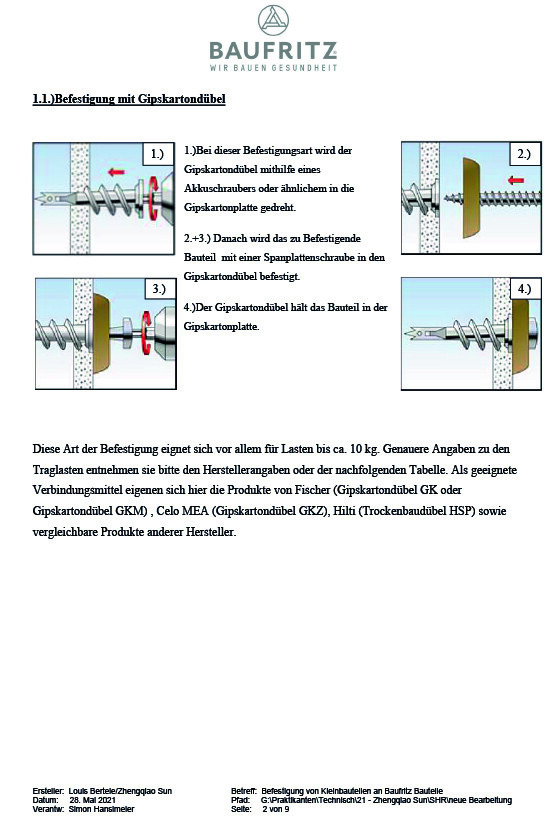 Vier-Panel-Diagramm: Befestigung mit Gipskartondübel in Gipskartonplatte mit Schrauben.