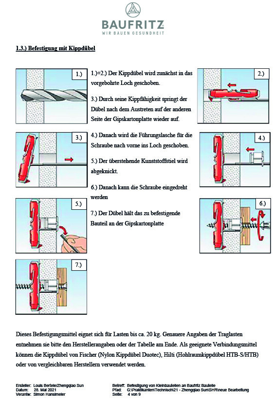 Schritt-für-Schritt-Anleitung zur Befestigung mit Kippdübel in der Wand.