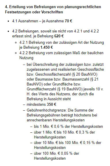 Gebührenübersicht zu Befreiungen von planungsrechtlichen Festsetzungen (4.1–4.2)