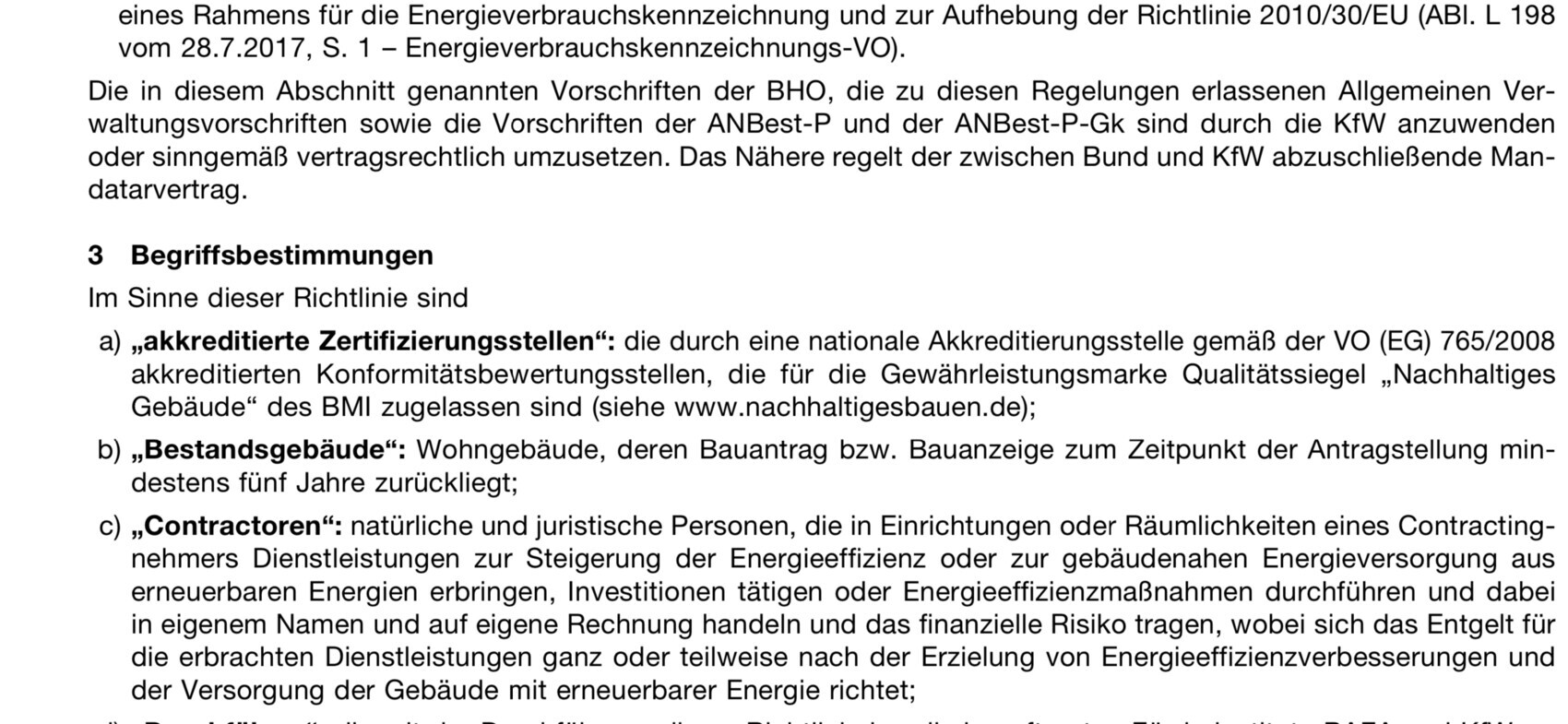 Textdokument mit Begriffsdefinitionen zur Energieeffizienzrichtlinie