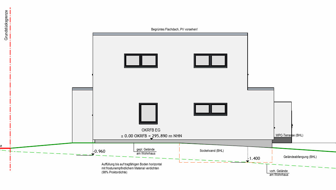 Projektzeichnung eines modernen Flachdach-Wohnhauses mit Fenstern, Gelände- und Höhenlinien.