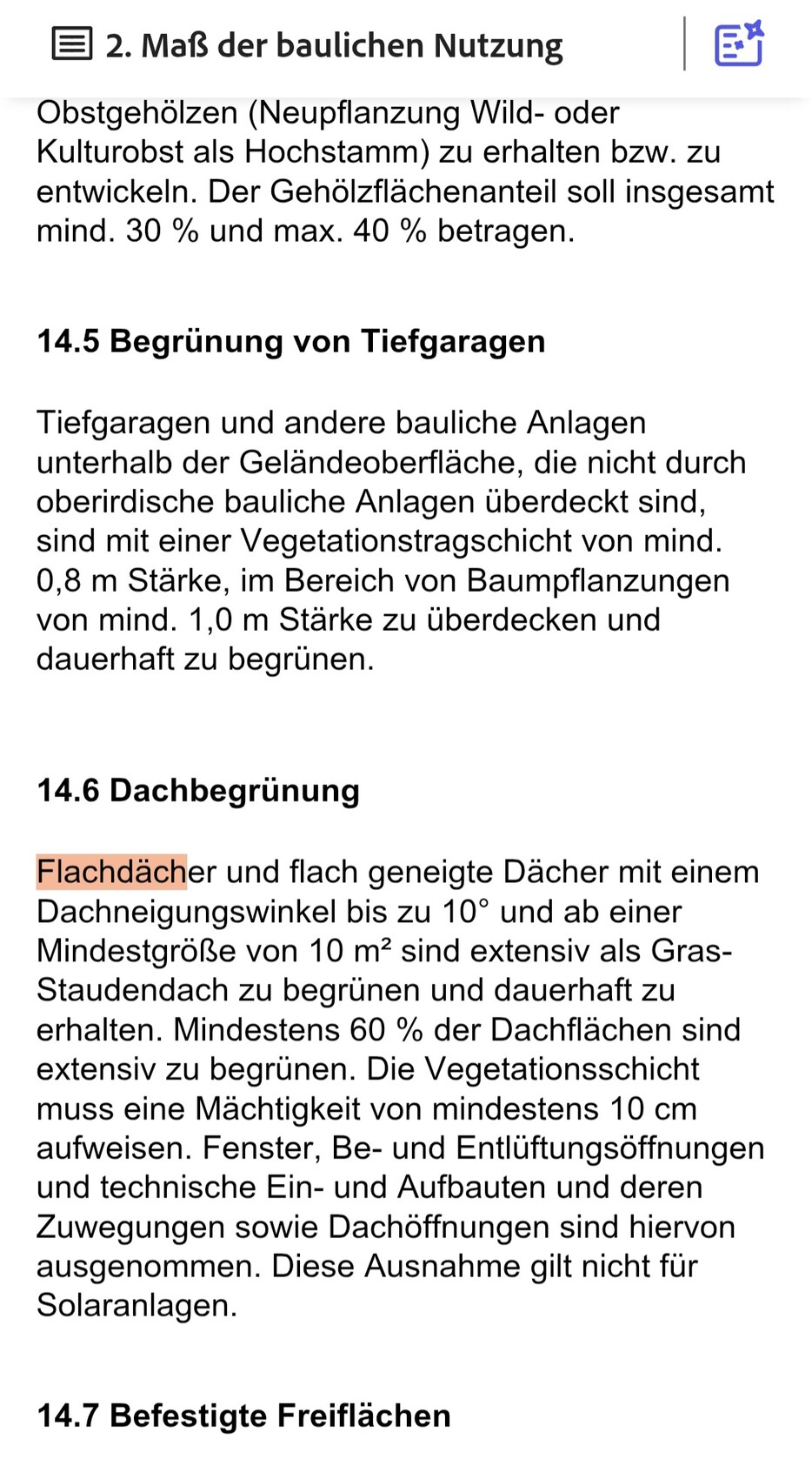 Dokumentenseite mit Abschnitten zur Begruenung von Tiefgaragen und Dachbegruenung in Bauvorschriften