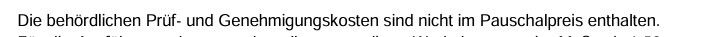 Textabschnitt mit Hinweis, behördliche Prüf- und Genehmigungskosten nicht im Pauschalpreis enthalten.
