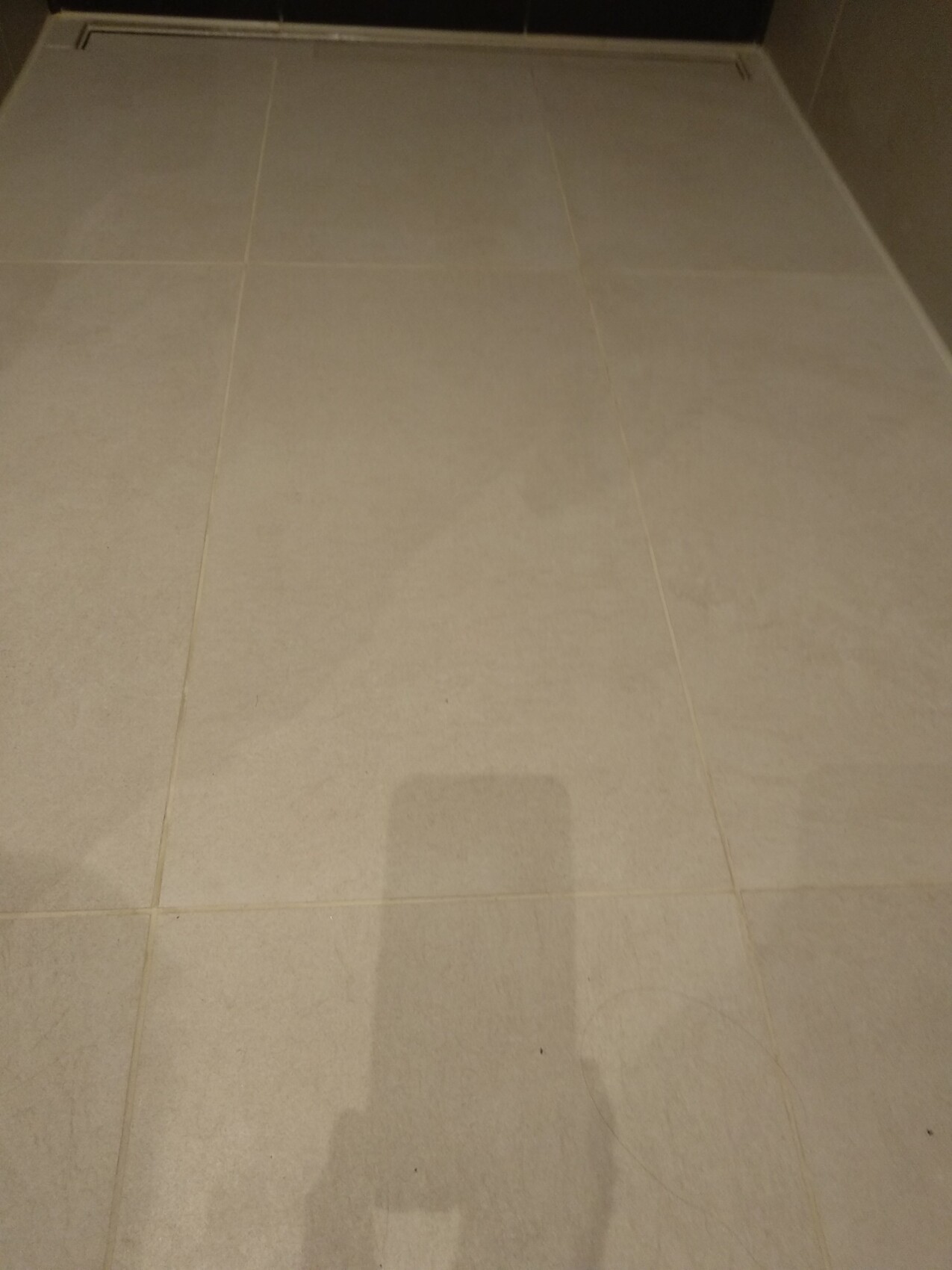 Beige Bodenfliesen aus großen Rechtecken, sauberer Badezimmer- oder Flurboden.