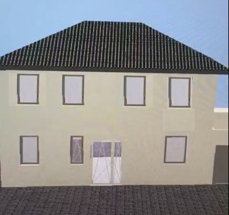 Zweistöckiges, helles Haus mit dunklem Ziegeldach, mehreren Fenstern und einer Glastür