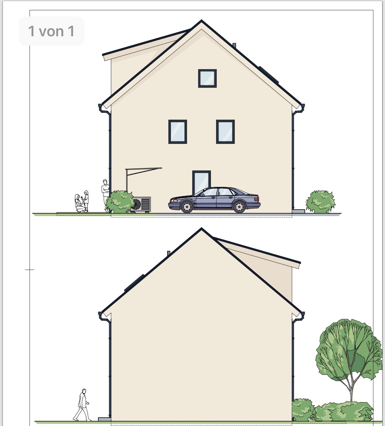Beiges Haus: Front- und Rückansicht mit Auto, Personen und Grünpflanzen.