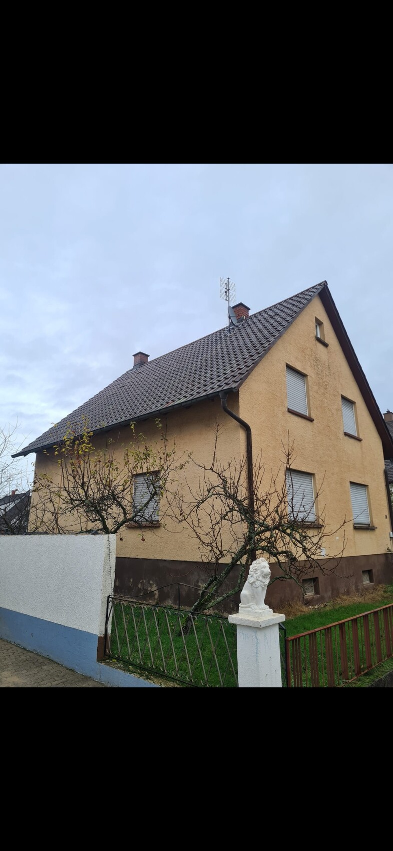 Einfamilienhaus mit braunem Ziegeldach, Gartenzaun und Löwenstatue am Pfosten.