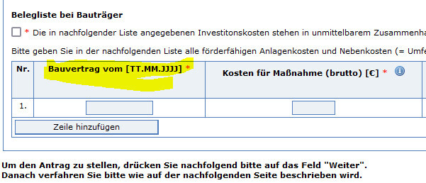 Belegliste Bauträger – Bauvertrag vom TT.MM.JJJJ; Kosten Maßnahme (brutto) in €; Zeile hinzufügen