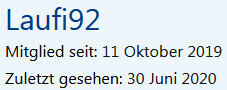 Profilkarte: Benutzername Laufi92, Mitglied seit 11 Oktober 2019, Zuletzt gesehen 30 Juni 2020