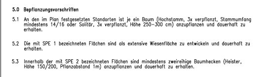 Textseite mit Bepflanzungsvorschriften für Grundstücksplanung und Baumstandorte.