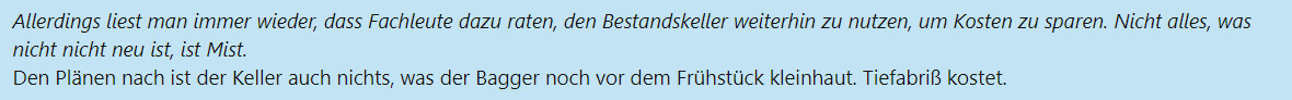Blauer Textblock mit Hinweisen zur Keller-Nutzung und Kosteneinsparung.