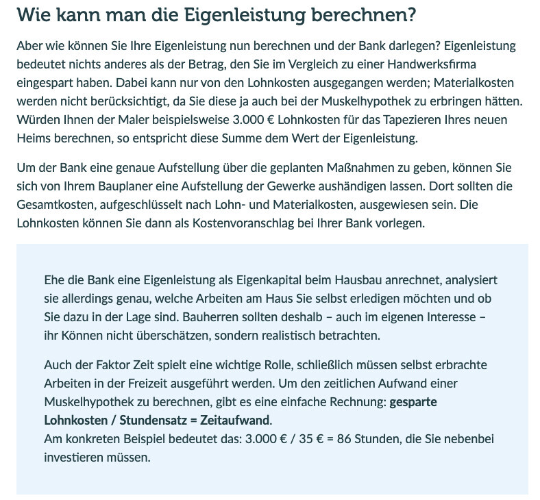Beschreibt, wie Eigenleistung beim Hausbau berechnet wird; Beispiel 3.000 €.