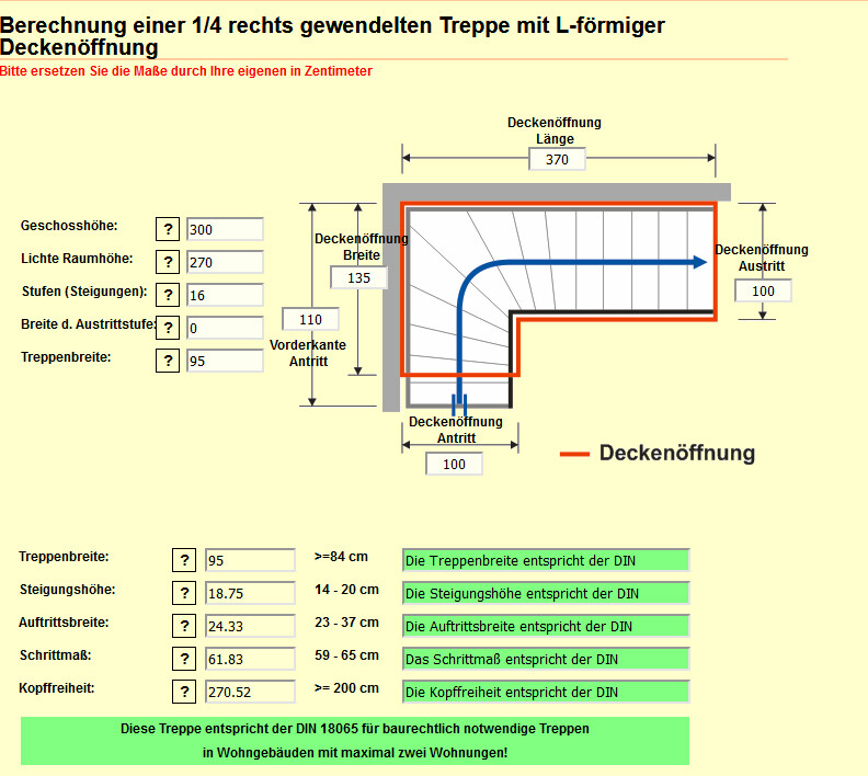 Diagramm einer 1/4 rechts gewendelten Treppe mit L-förmiger Deckenöffnung und Abmessungen