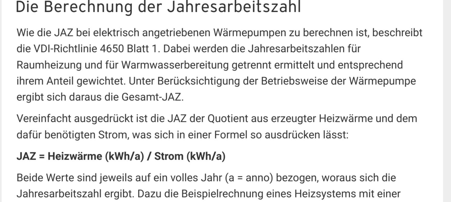 Text über die Berechnung der Jahresarbeitszahl (JAZ) für Wärmepumpen.