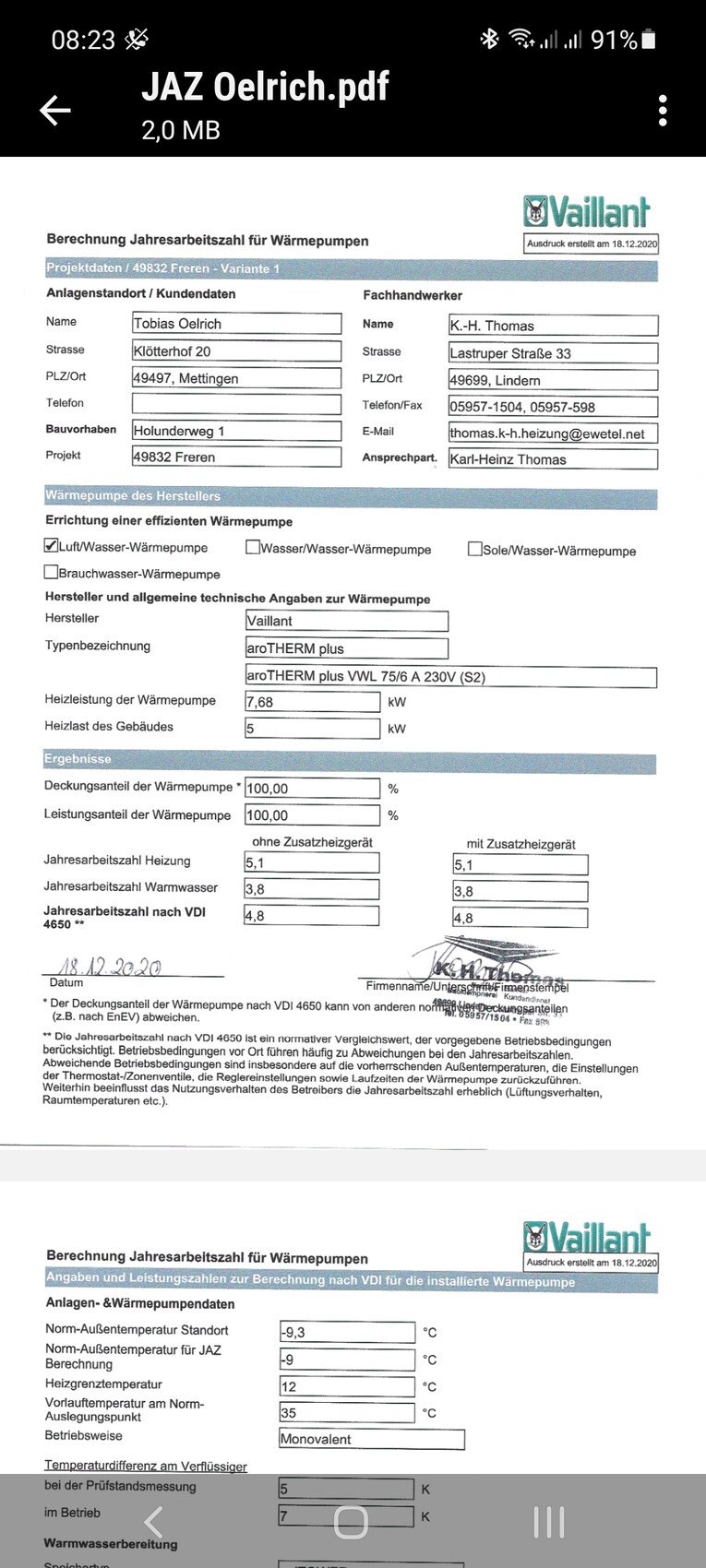 Formularseite zur Berechnung der Jahresarbeitszahl für Wärmepumpen mit Vaillant-Logo.