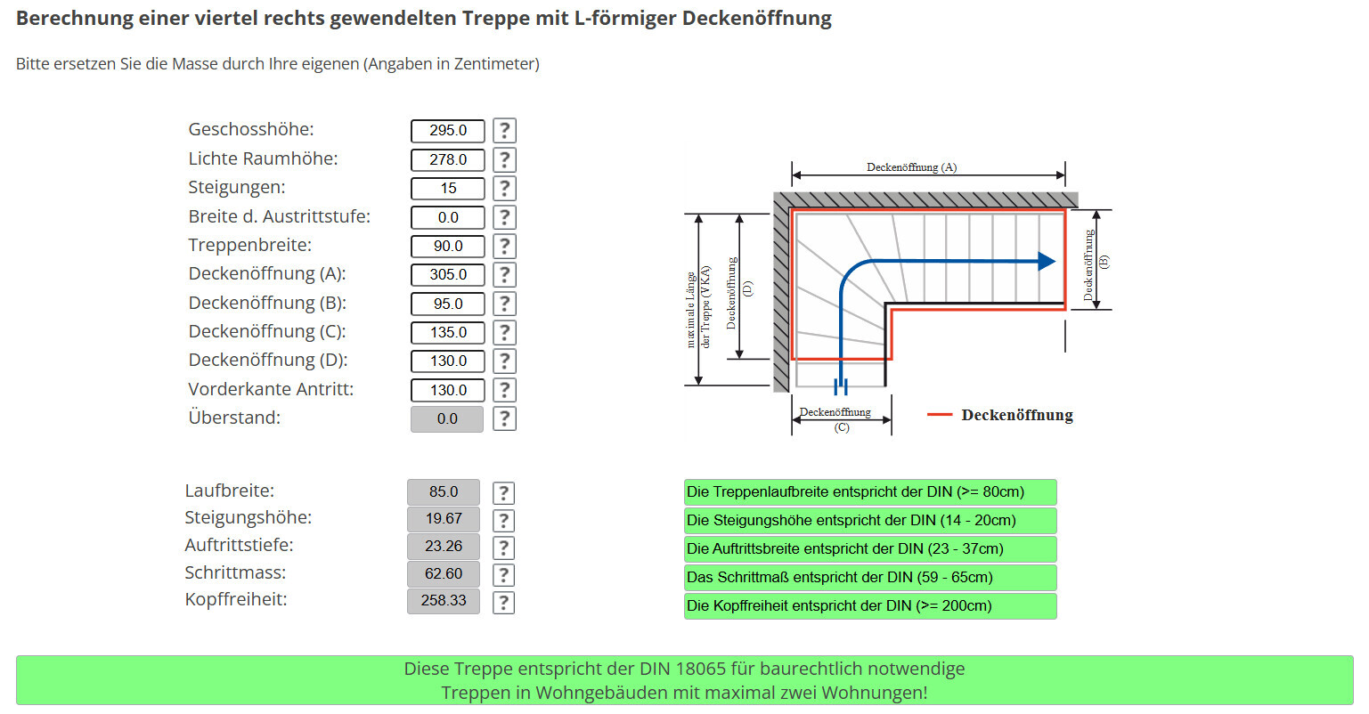 Berechnung einer viertel rechts gewendelten Treppe mit L-förmiger Deckenöffnung, Diagramm mit Maßen.