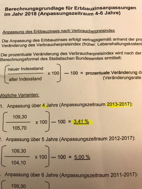 Berechnungen zur Erbbauzinsanpassung 2018: Formeln, Varianten 4/5 Jahre, Werte 3,41% und 5,00%