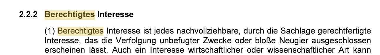 Dokumentenseite mit Überschrift Berechtigtes Interesse und Fließtext