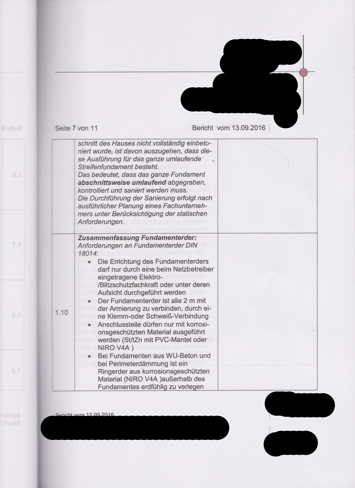 Seite 7 von 11 eines Berichts mit Textblöcken und geschwärzten Bereichen.