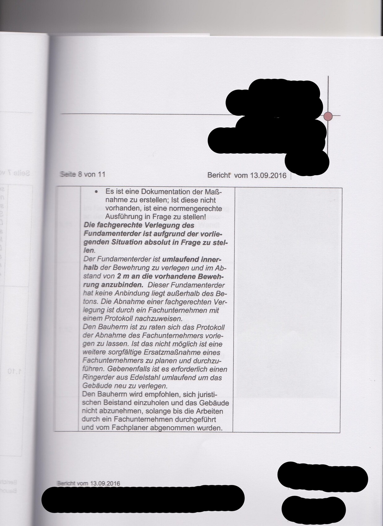 Dokumentenseite mit Textblock, Überschrift Seite 8 von 11, Bericht vom 13.09.2016