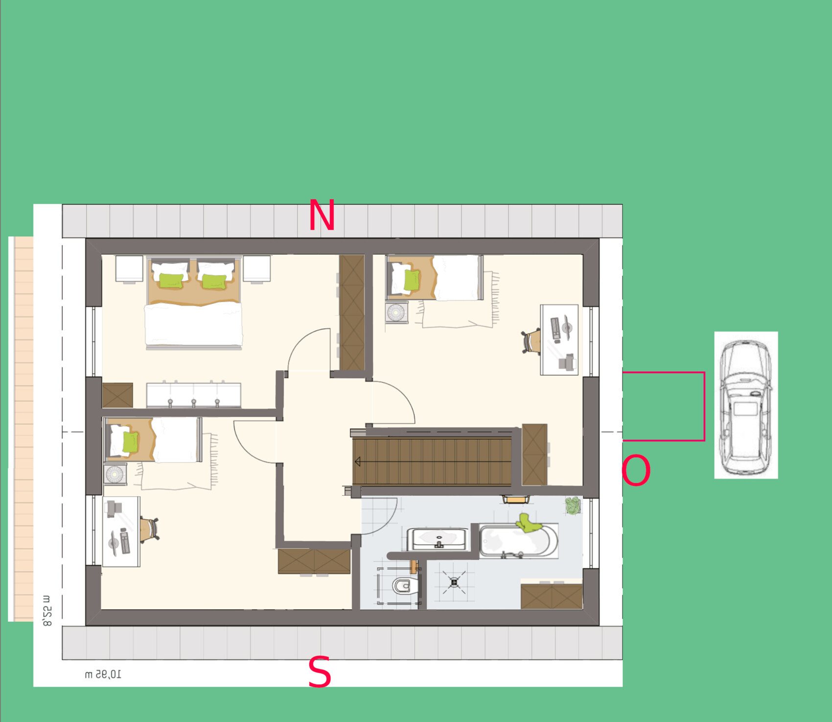 Grundriss eines Einfamilienhauses: Schlafzimmer, Bad, Treppe, Arbeitsbereich und geparktes Auto.
