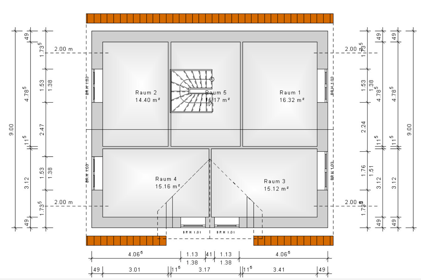 Grundriss: Fünf Räume um eine zentrale Treppe; Raumgrößen ca. 14–16 m².