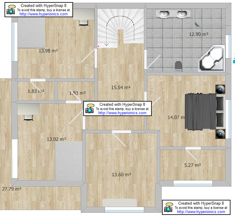 Grundriss einer Wohnung: Treppenhaus, Schlafzimmer mit Doppelbett, Bad mit zwei Waschbecken.