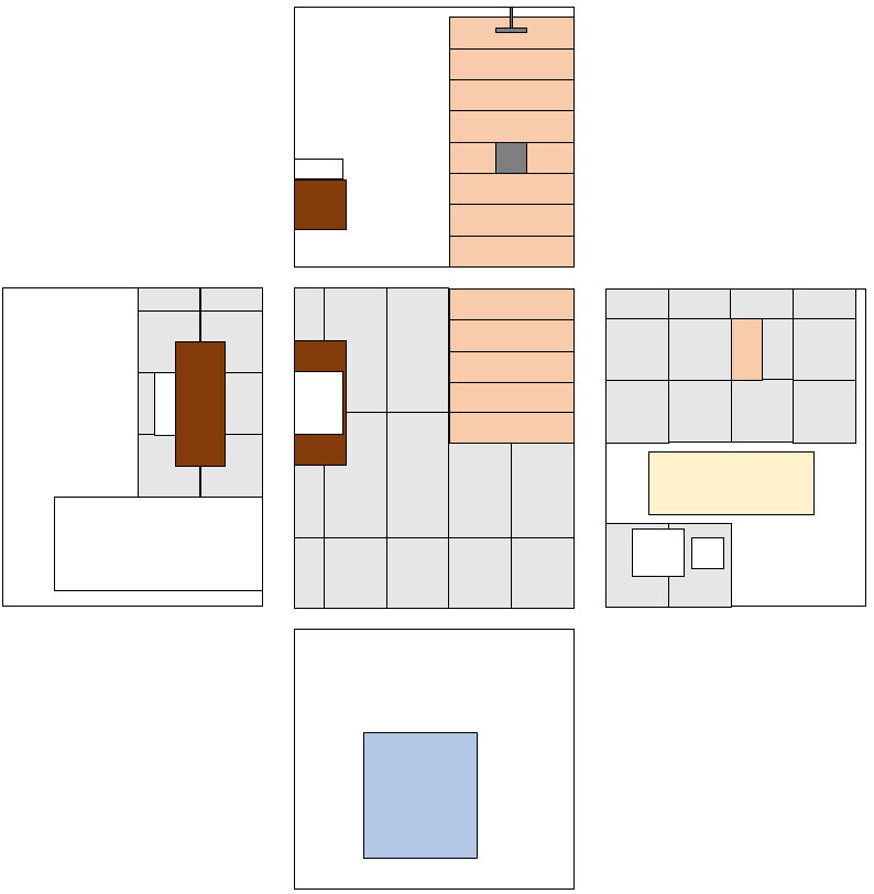 Mehrteiliger Grundrissplan mit farbigen Rechtecken in Beige, Braun und Blau auf weißem Hintergrund.