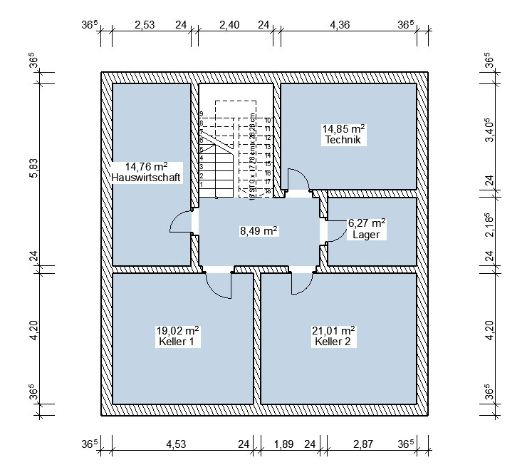 Grundriss Kellergeschoss mit Keller 1, Keller 2, Hauswirtschaft, Technik, Lager und Treppenhaus.