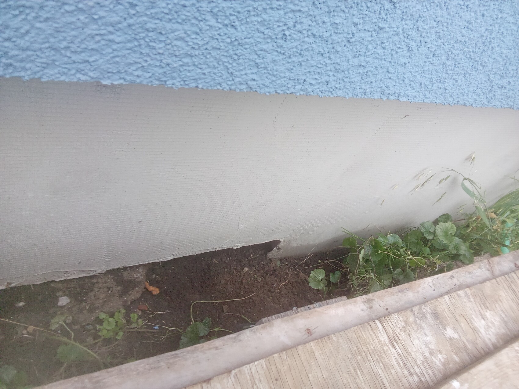 Außenwand am Fundament mit Riss, Erdspalt und Pflanzen am Boden neben Holzdielen.
