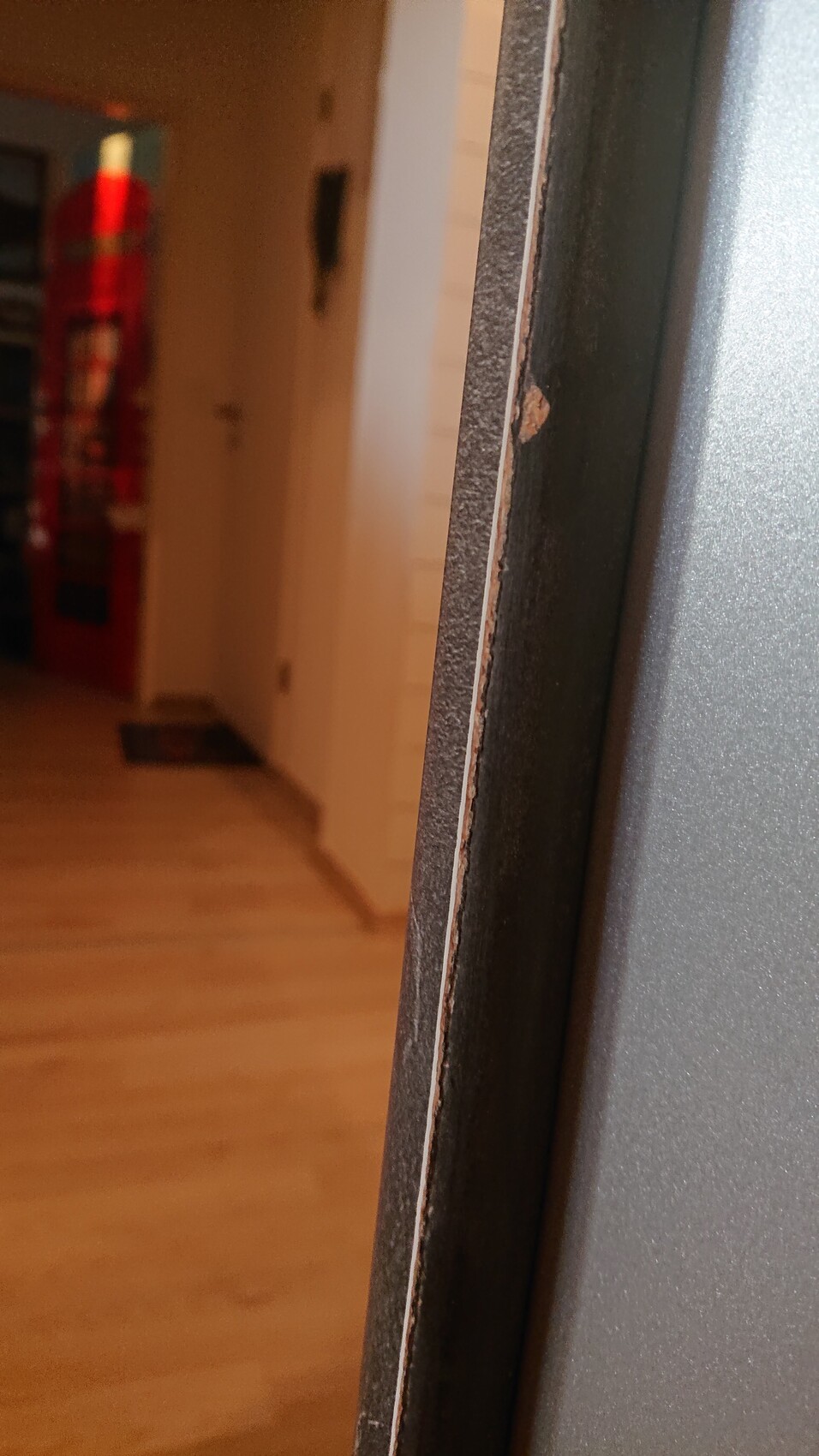 Nahaufnahme einer Türkante mit Dichtung; Blick in einen dunklen Flur mit Holzfußboden.