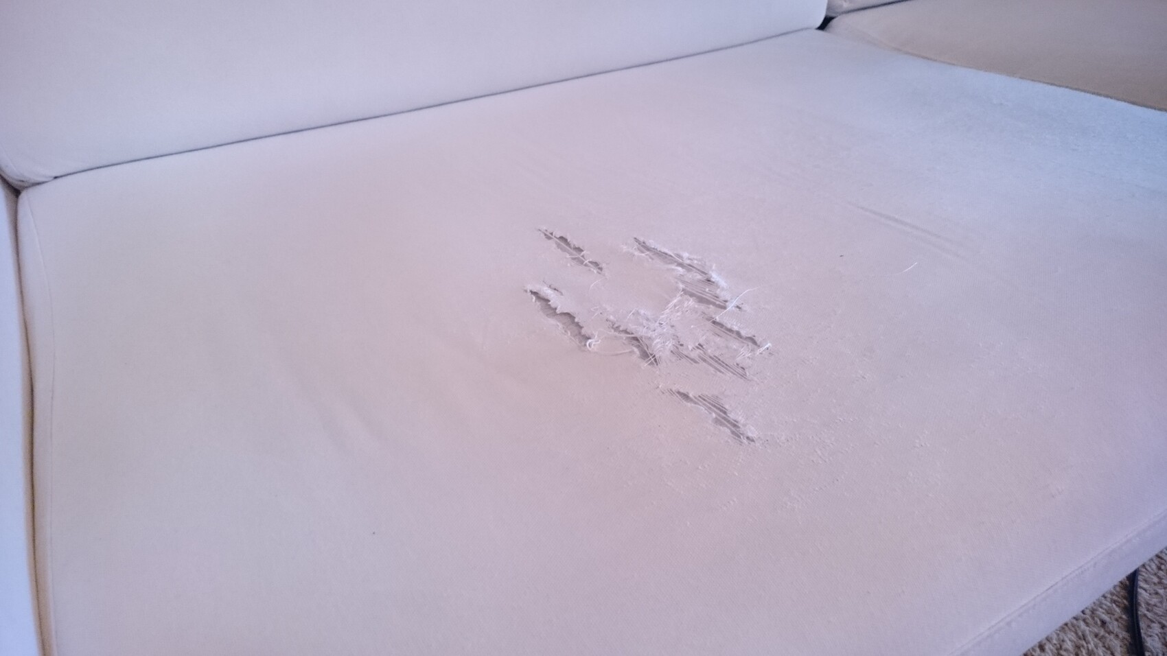 Beiges Stoffsofa mit aufgerissenem Bereich und fransigen Fäden in der Sitzfläche.