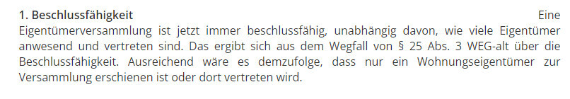 Text zur Beschlussfähigkeit der Eigentümerversammlung: unabhängig von Anwesenheit und Vertretung