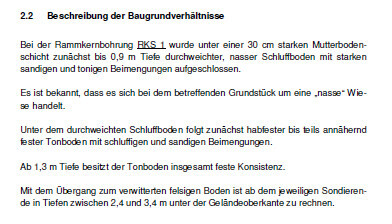 Dokumentseite mit Beschreibung der Baugrundverhältnisse und Bodenuntersuchung