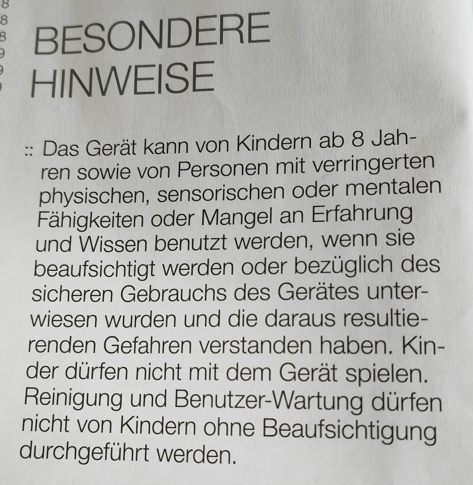 Seitenabschnitt mit Überschrift BESONDERE HINWEISE und Sicherheitsregeln zur Nutzung unter Aufsicht.