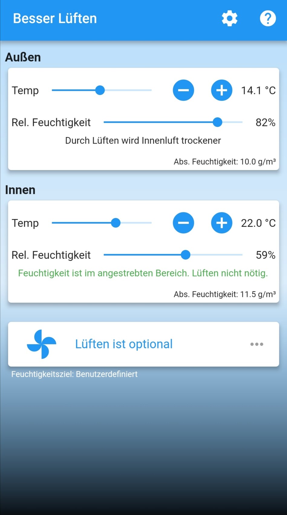 Außen 14.1°C/82% RH; Innen 22.0°C/59% RH; Feuchtigkeitsstatus.