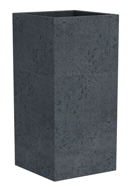Rechteckiger, dunkler Beton-Pflanzkübel im Garten.