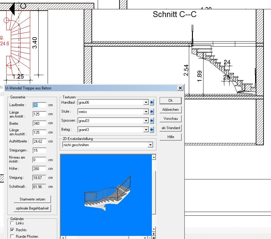 Architekturplan mit Grundriss und Querschnitt durch eine U-Wendeltreppe aus Beton, Geländer sichtbar.