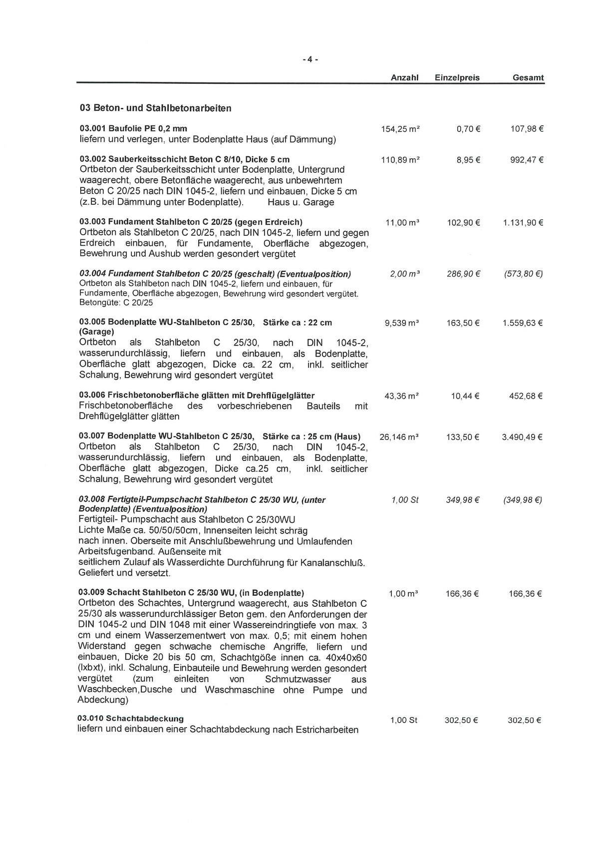 Seitenansicht einer Preisliste zu Beton- und Stahlbetonarbeiten mit Tabellen und Preisen.