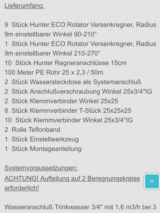 Lieferumfang einer Bewaesserungsanlage mit Regnern, Anschluessen, Befestigungen und Montagematerial