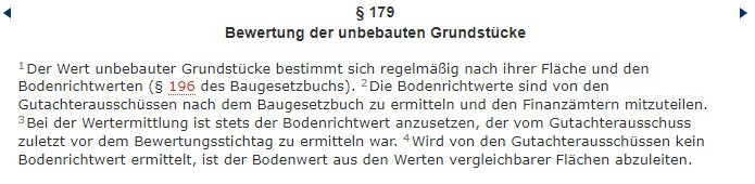 Heller Textausschnitt eines Rechtsdokuments mit §179 zur Bewertung unbebauten Grundstücke