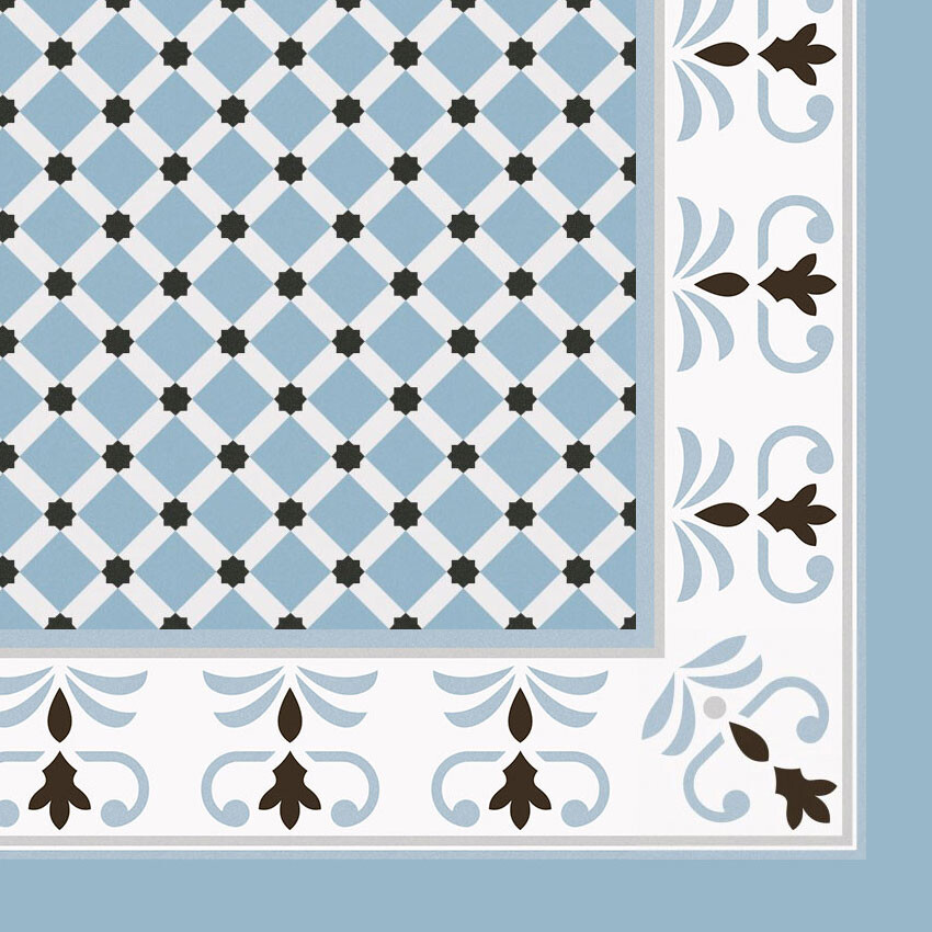 Blaues Gitter mit schwarzen Punkten, Rand mit hellblauem Ornament und braunen Blättern.