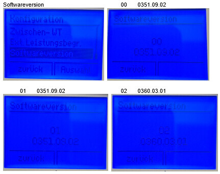 Vier blaue Displays mit Softwareversion, Konfiguration und Navigationsoptionen