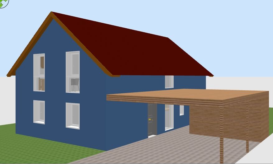 3D-Ansicht eines blauen Hauses mit rotem Dach und Holz-Carport