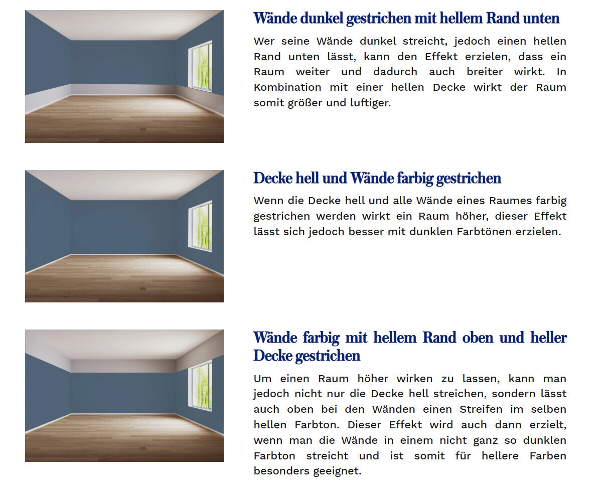 Innenraum mit dunkelblau gestrichenen Wänden, Holzfußboden und Fenster.