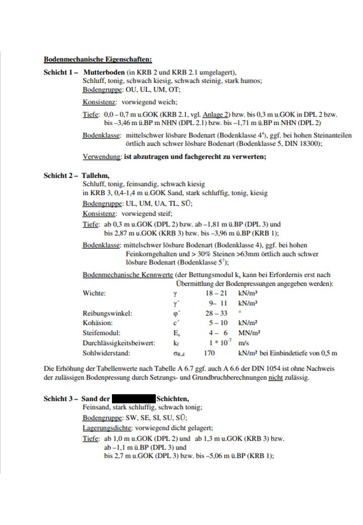 Dokumentseite zu bodenmechanischen Eigenschaften mit Schichten 1–3 und Kennwerten.