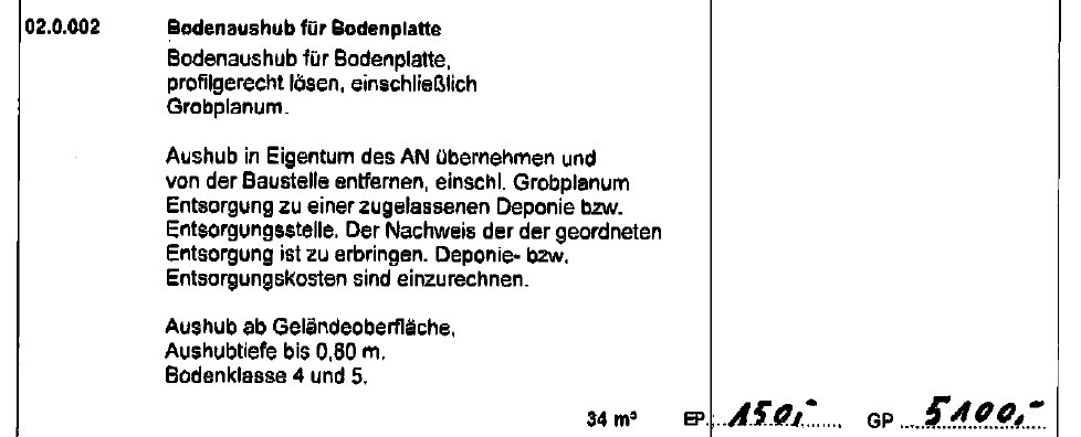 Text eines Bauplans zum Bodenaushub für Bodenplatte und Entsorgungskosten.